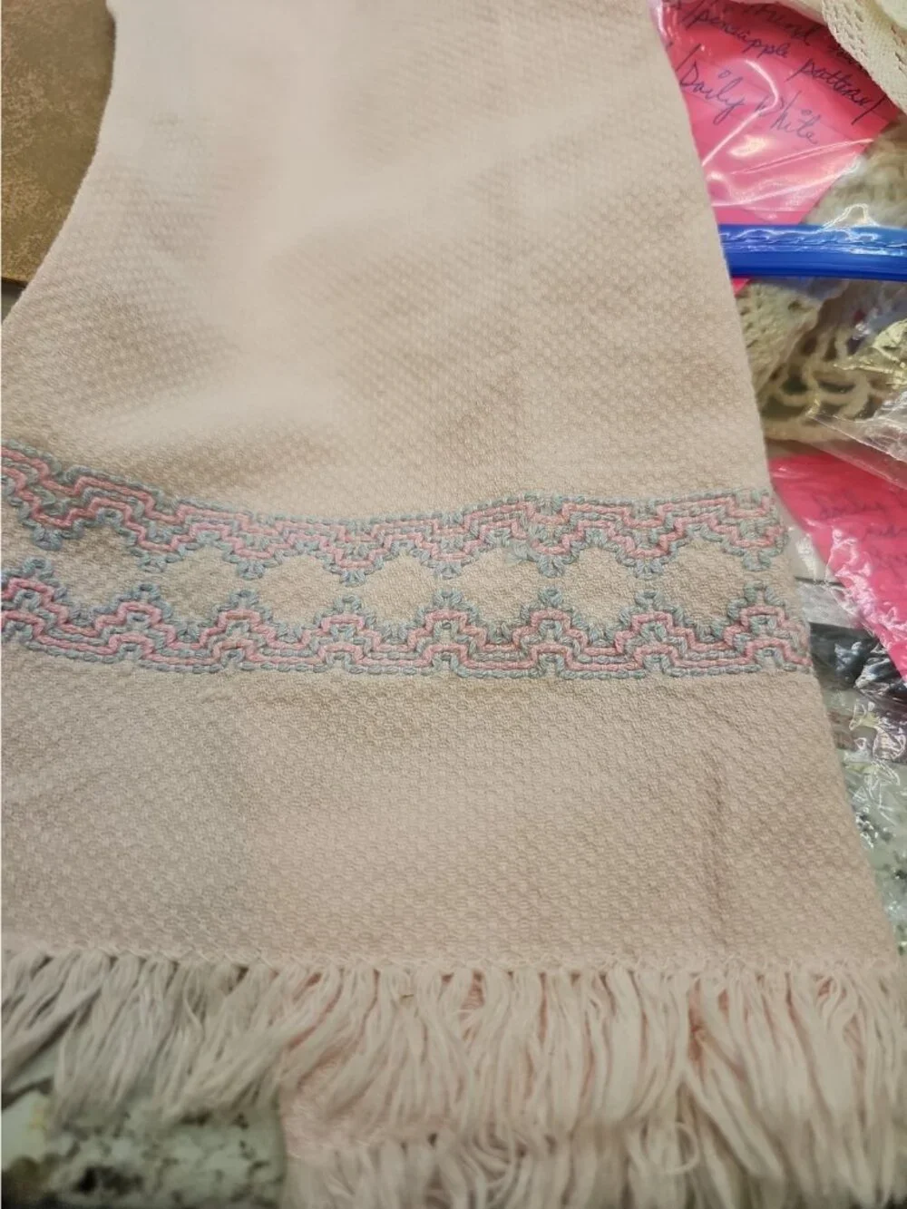 Embroidered Linen Pink & Blue towel